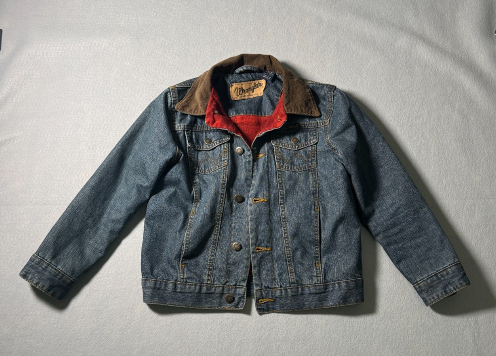Wrangler Jacket Boys Medium Blue Denim Corduroy Collar Plaid Lined Western Style